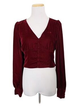NWT House Of Harlow Velvet Open Back Smocked Top Women’s S Wine Burgundy FLAW